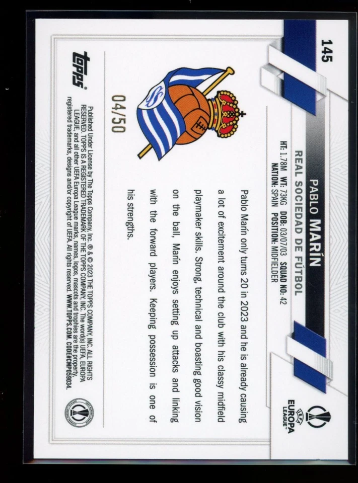 2022-23 Topps UEFA Club Competitions #145 Pablo Marín Gold Foil #/50 - Image 2 of 2