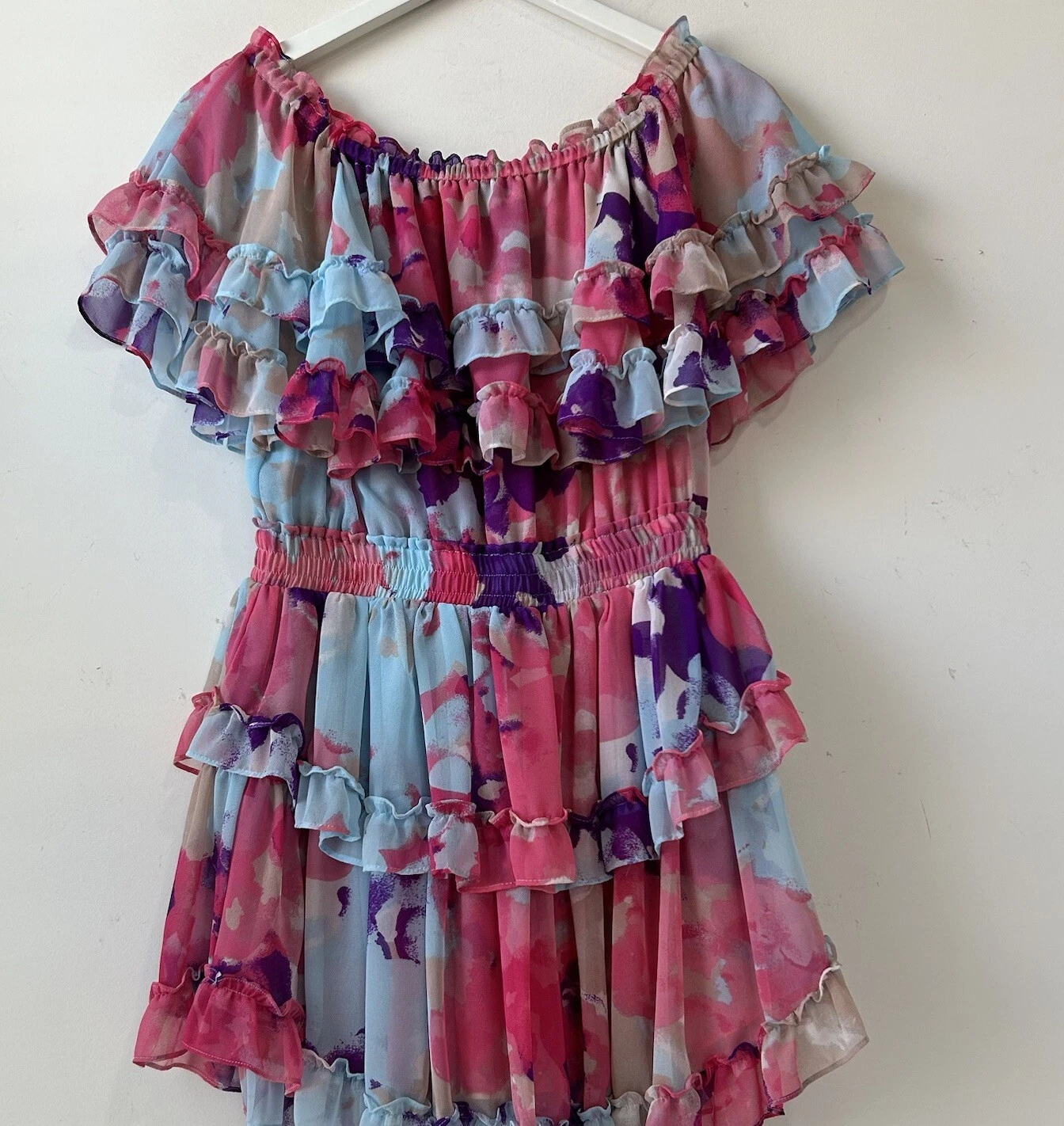 PALM ANGELS MISA Los Angeles Isella mini abito floreale con volant taglia S rosa blu multi floreale divertente