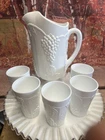 Lot of (6) Vintage White Milk Glass Collection Pitcher & 5 Glasses Grape Pattern