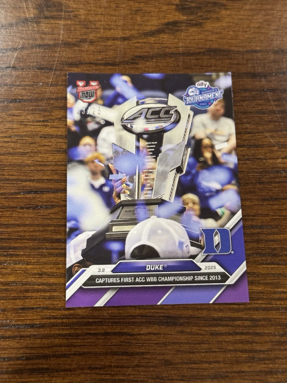 Duke ACC WBB Champions 2024-25 Bowman U NOW Basketball #84 Purple Parallel /25