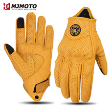 Retro Yellow Leather Motorcycle Gloves Men Women Breathable Perforated Motorbike