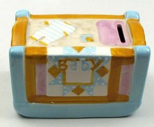 Ceramic Baby Crib Money Coin Bank 3 1/2" tall by 5 1/2" wide 049-11634