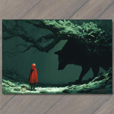 Art Print Red Hood Forest Wolf Shadow Dark Fairy Tale Green Woods Dramatic Encou