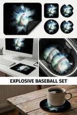 Exploding Baseball Mousepad Coaster Set Blue Smoke Sports Action Team Boys Gift