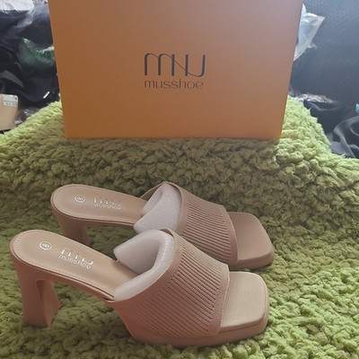 Musshoe Beige Textured Square Toe Mule Block Heel Slip-On Sandals Women's 8