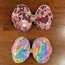 Set of 2 Sequin Bow Hair Barrettes for Kids - Pink and Rainbow