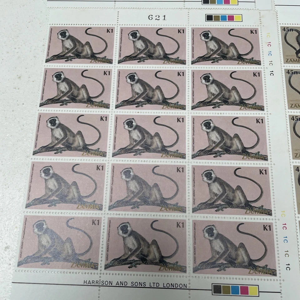 1985 Zambia Stamps Sheets (4) Monkeys. 60 Stamps.  - Image 4 of 4