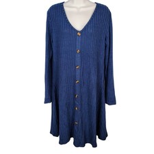 Molerani Blue Ribbed Knit Button Front Long Sleeve Swing Dress XL NEW