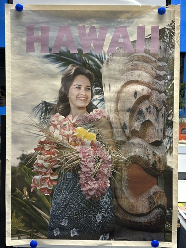 Vintage Poster Hawaii Woman With Tiki God United Airlines Travel Circa 1960’s