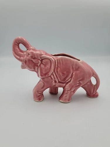 Vintage McCoy Pink Elephant Ceramic Glazed Pottery Planter Trunk Up 1950s