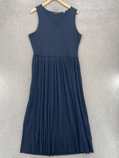 Tahari Dress Womens Large Navy Maxi Knife Pleat Sleeveless V Neck Stretch Knit
