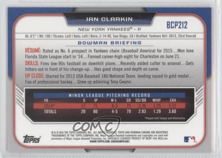 2015 Bowman Chrome Prospects Orange Wave Refractor Ian Clarkin #BCP212 - Image 2 of 2