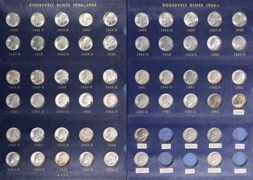 1946-1964 PDS Roosevelt Dime Unc. Set, Ch/Gem BU, 55 Coins, Lustrous, Original!