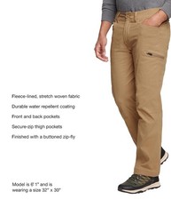 Eddie Bauer Men  s Fleece Lined Pant Tech Khaki Size 40 X 30 NEW