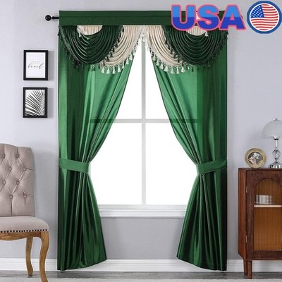 Elegant Light Filtering Window Curtain Set W/ Waterfall Valance & Tiebacks New