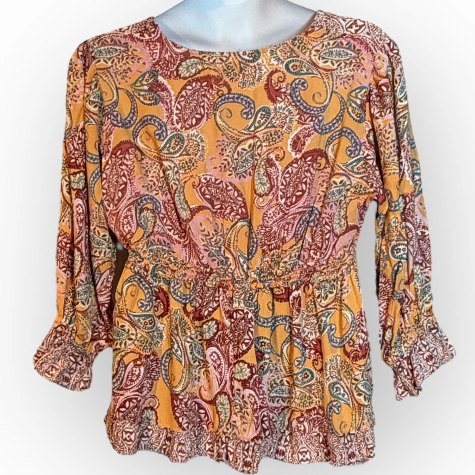 Romantic Gypsy Womens Plus 2X Orange Red Floral Paisley Smocked Ruffle Top Boho - Image 3 of 4