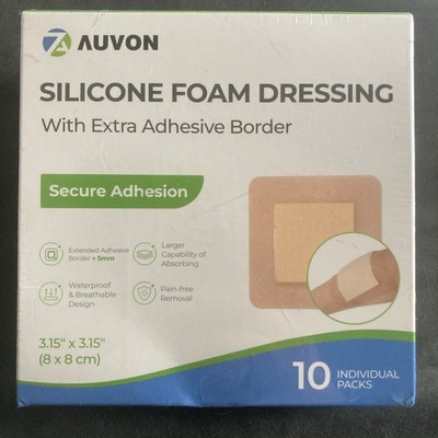 AUVON Silicone Foam Dressing with Extra Adhesive Border 8  x 8  10 Pack
