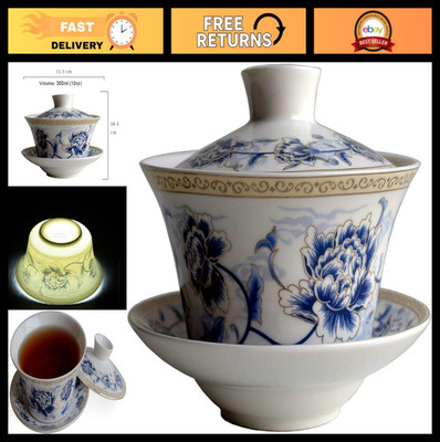 Large 10oz Porcelain Gaiwan Tea Set with Saucer & Lid - Chinese Kung Fu Tea Bowl