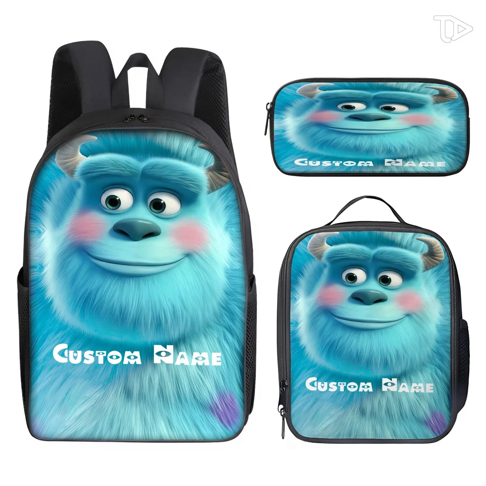 Personalized Blue Monster Kids Backpack Lunch Bag Pencil Case 3PCS Set