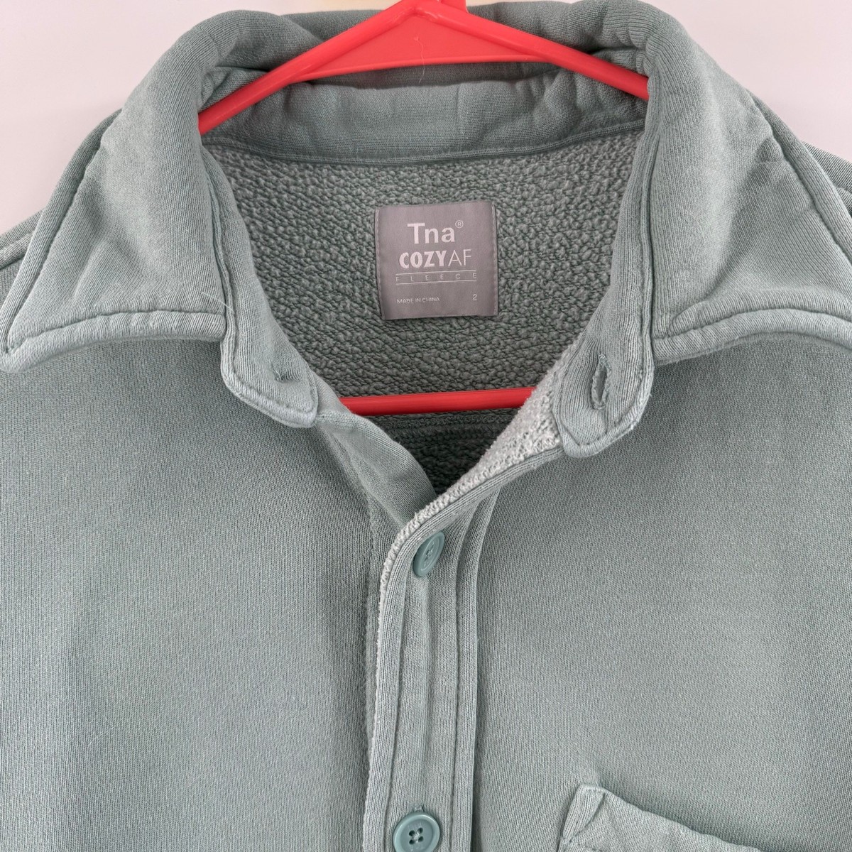 Aritzia TNA Cozy AF Fleece Women's Size 2 Boyfriend Button Up Shirt Light Green View 4