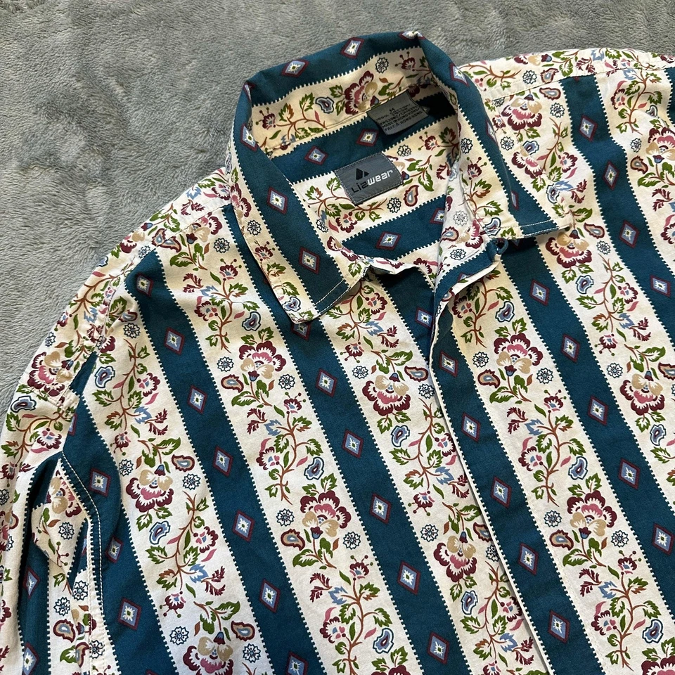 Camisa De Colección LIZWEAR Para Mujer M Azul Floral Rayas 100% Algodón L/S Años 90 Boho Western Foto 3 de 4