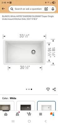 BLANCO DIAMOND SILGRANIT Super Single Undermount White Sink 33.5x18.5 441767