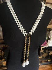 70s Belt Necklace Milk White Faceted lucite Beads Gold Chain Tear Drop Tassels