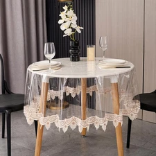 LIBERECOO Clear Round Vinyl Tablecloth with Stitched Loral Lace Trim, Waterpr...