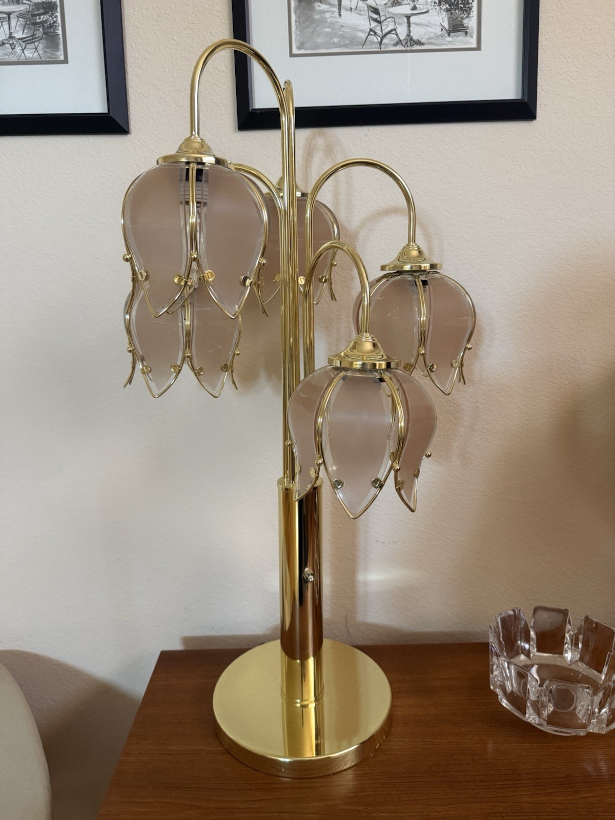 Vintage Art Deco Hollywood Regency Pink Tulip Waterfall Table Lamp Anthony Cali