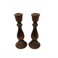 Vintage MCM Cornwall hand turned wooden taper candlesticks with brass inserts