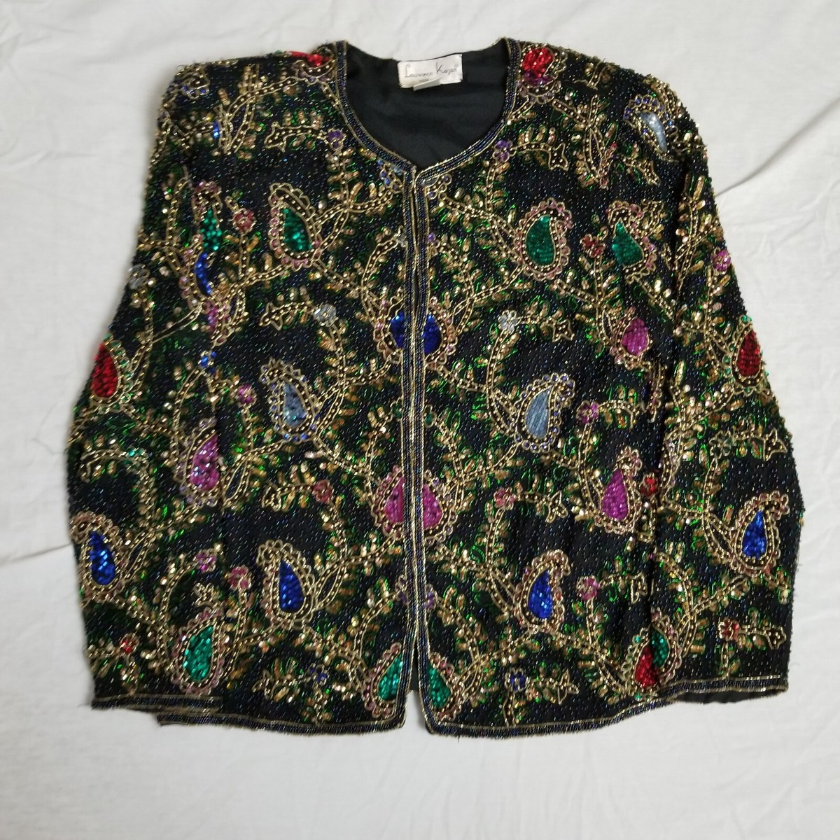 Vintage Laurence Kazar Sequin Jacket Beaded Paisley Floral Art