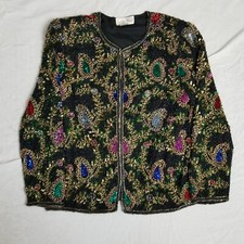 Vintage Laurence Kazar Sequin Jacket Beaded Paisley Floral Art Black Large