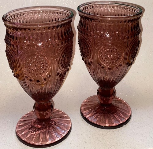 Pioneer Woman ADELINE Glass SET OF 2 Plum Purple Footed Embossed Goblets 12 Oz - Picture 3 of 8