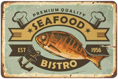AOYEGO Seafood Fish Tin Sign,Bistro Fish Hat Anchor Star Striped Chef Cuisine De