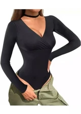 Loday Womens V Front Wrap Bodysuit Jumpsuit Sexy Long Sleeve Shirts Leotard Sz S