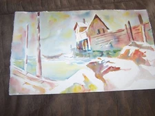 Original Watercolor By Peg DeChene Humphreys,Boat House & Study inTrees 14"x 22"