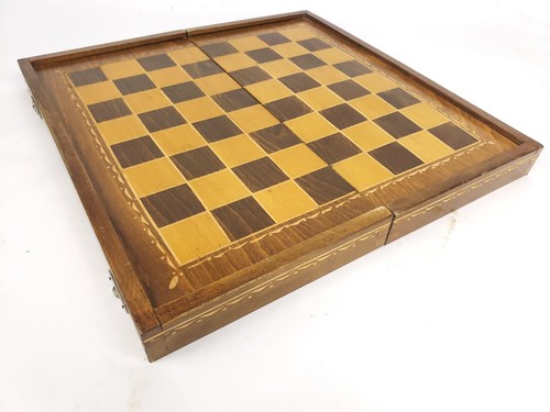 VTG Chess Checkers Hand Carved Wood Game Board 13” Folding w Backgammon ...