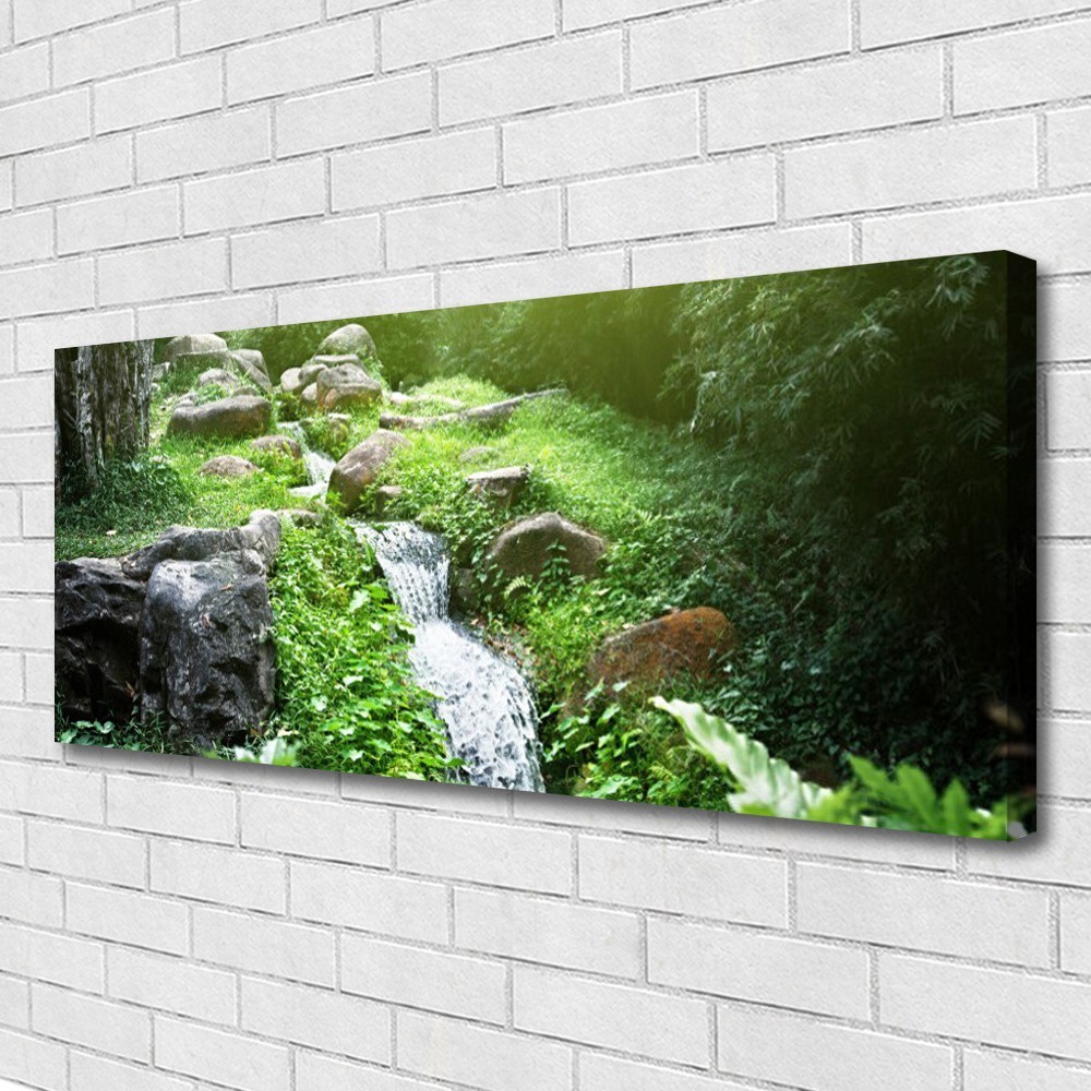Image tableaux 125x50 nature ruisseau herbes pierres pour décoration murale verte