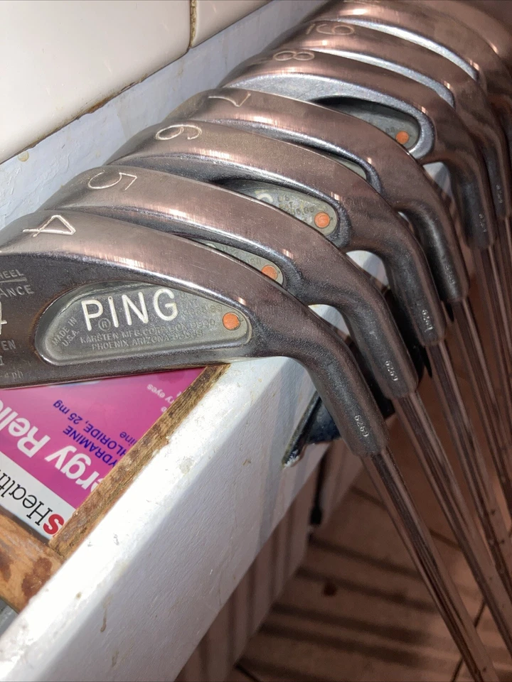 Juego de plancha vintage Ping Karsten punto naranja 4,5,6,7,8,9,W,S 5-madera 4 punta de madera tacón Foto 2 de 4