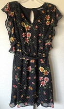 Paper Doll Women's Jrs XL Polka Dot Floral Black Ruffle Poly Dress Keyhole Neck 