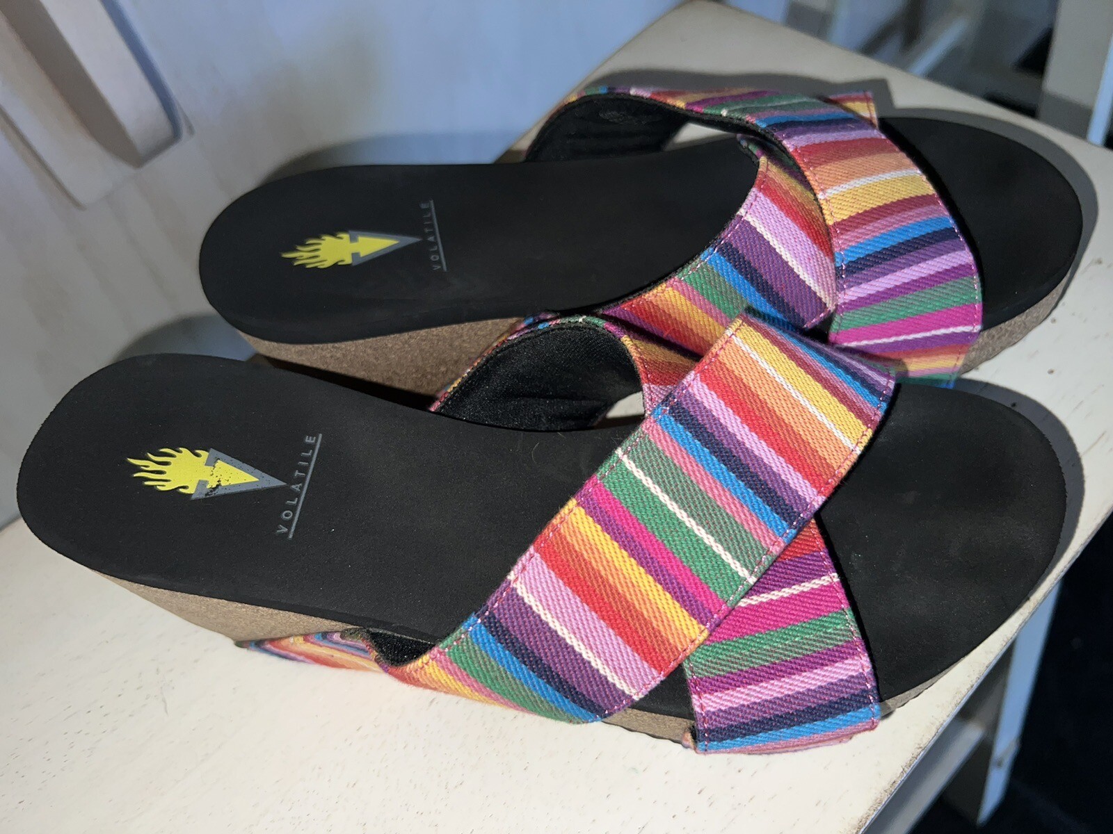 Volatile Rainbow Fabric Cork Wedge Sandal Size 7 eBay