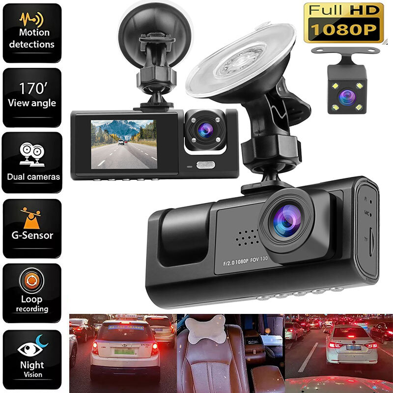 Dash Cam HD 1080P Front Rear Inside Dual Lens G-Sensor Video Recorder-image