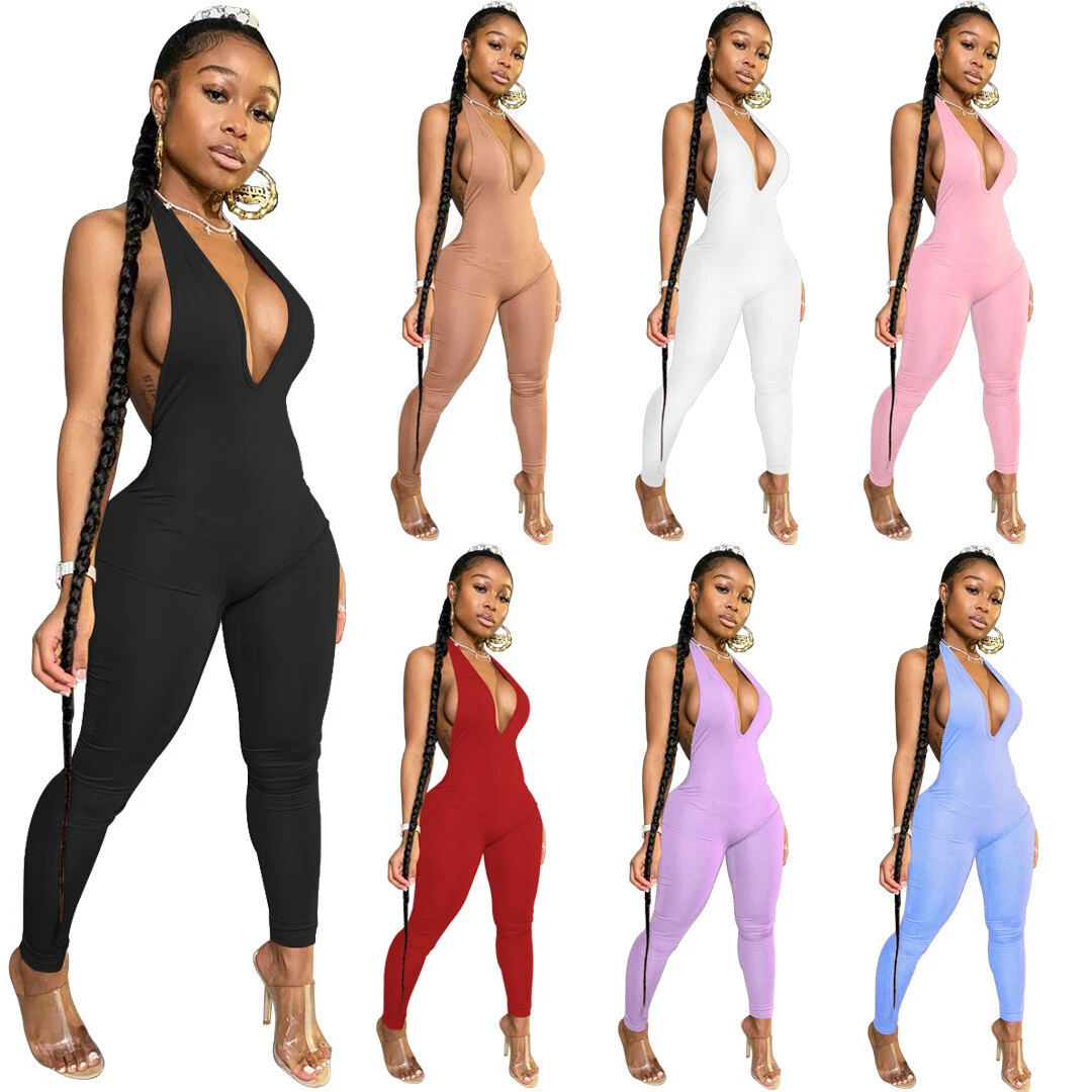 NEW Stylish Women Sleeveless Deep V Neck Backless Solid Bodycon Club  Jumpsuit