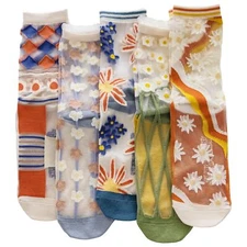 Womens Sheer Socks 4/5 Pairs Floral Cute Nylon See Through Mesh Socks for Wom...