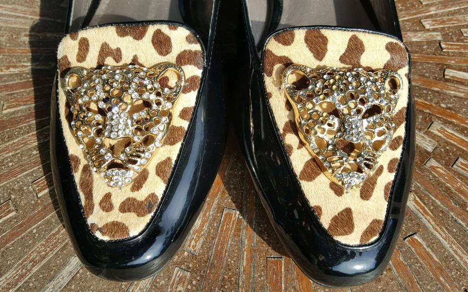 Pony Fur Leopard Print Shoes Jeweled Cheetah Head Black Patent 8 N - Image 4 of 4