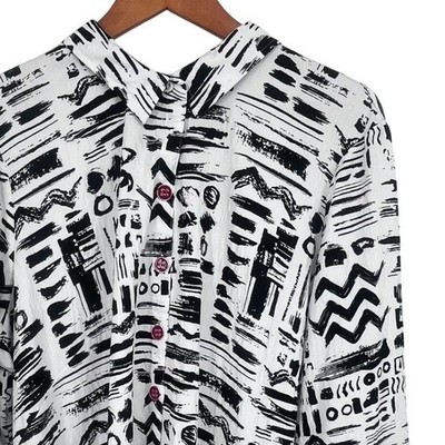 Ali Miles Button Front Blouse Womens 2X White Black Abstract Print Art to Wear