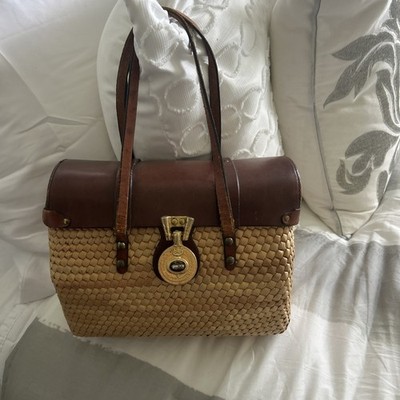 Vintage 60s 70s JOHN ROMAIN Large Handmade Straw Leather Satchel Bag Rare