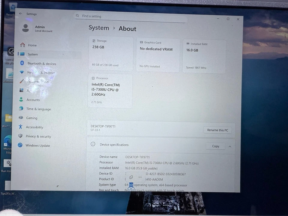 Panasonic ToughBook CF-33 12.1" 2k Touch i5-7300U  8GB  256GB SSD Win 11 Pro - Image 2 of 4