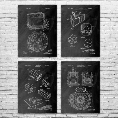 Cheese Patent Wall Art Set of 4 Poster, Canvas or Framed Dairy Art Chef Gift
