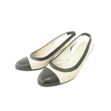 CHANEL Bicolor Pumps Coco Mark Heel Ivory Black Women's Size EU37.5/US7